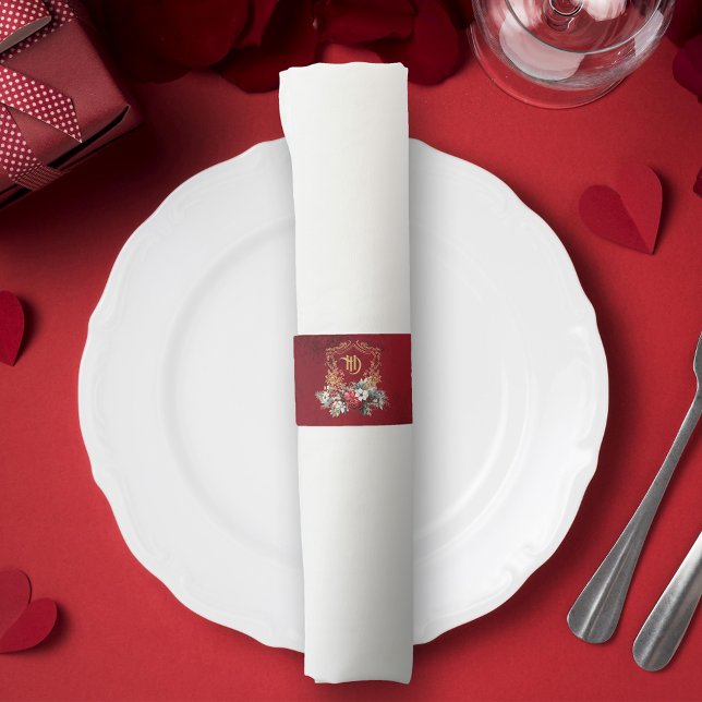 Classic Christmas Floral Crest Monogram Wedding Napkin Bands (Creator Uploaded)