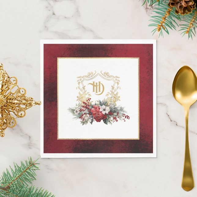 Classic Christmas Floral Crest Monogram Wedding Napkins (Creator Uploaded)