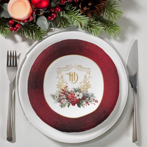 Classic Christmas Floral Crest Monogram Wedding Paper Bowls