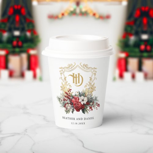 Classic Christmas Floral Crest Monogram Wedding Paper Cups