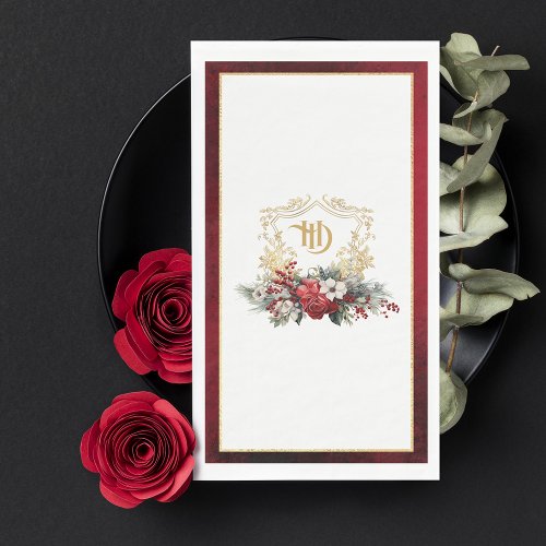 Classic Christmas Floral Crest Monogram Wedding Paper Guest Towels