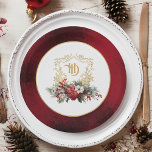 Classic Christmas Floral Crest Monogram Wedding Paper Plates<br><div class="desc">Timeless and elegant yet festive holiday-themed wedding design featuring classic hand-drawn gold floral crest accented by a colorful spray of red and white Christmas flowers and evergreens. This custom formal template includes editable text fields as well as a custom round label with gold textured border. The outside border features an...</div>