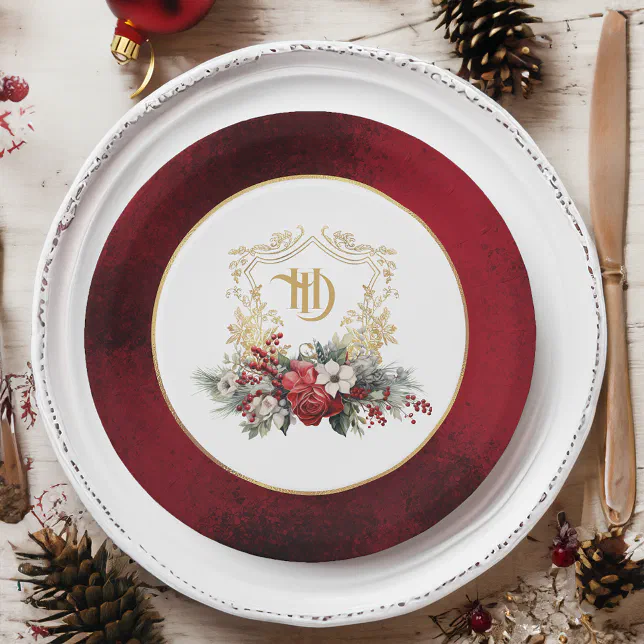 Classic Christmas Floral Crest Monogram Wedding Paper Plates
