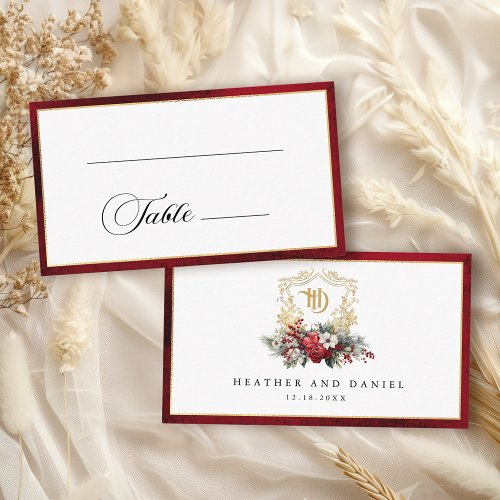 Classic Christmas Floral Crest Monogram Wedding Place Card