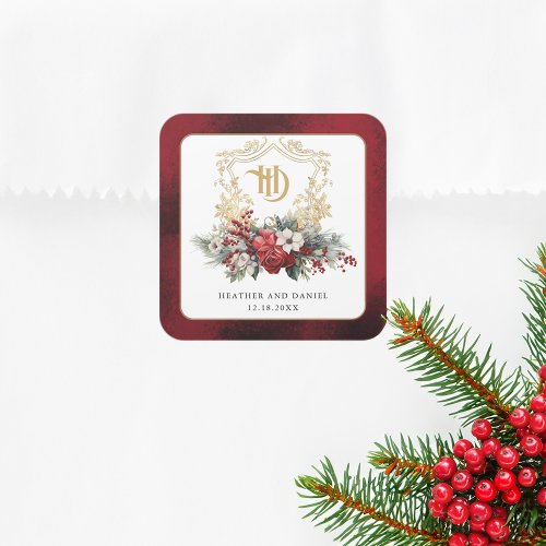 Classic Christmas Floral Crest Monogram Wedding Square Sticker