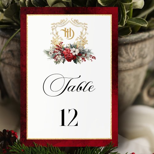 Classic Christmas Floral Crest Monogram Wedding Table Number