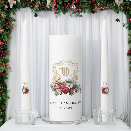 Classic Christmas Floral Crest Monogram Wedding Unity Candle Set