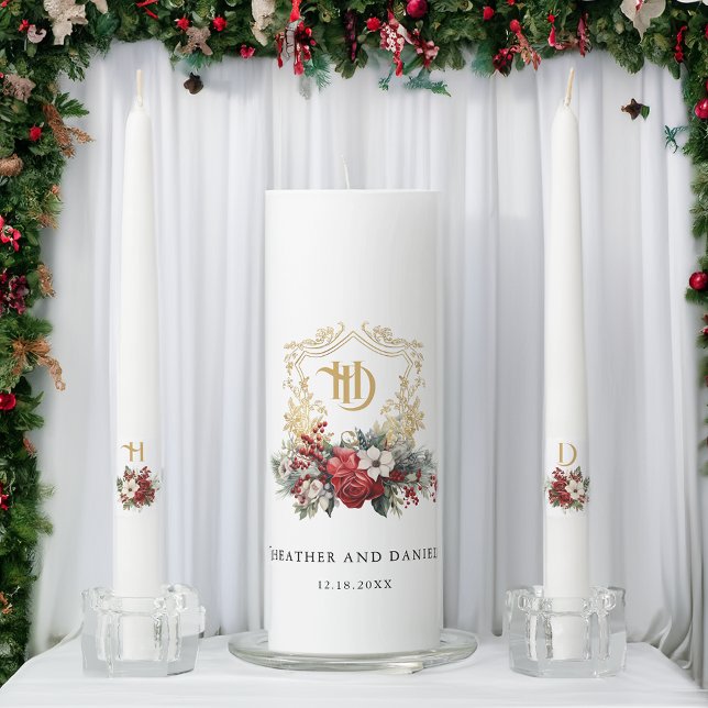 Classic Christmas Floral Crest Monogram Wedding Unity Candle Set (Creator Uploaded)