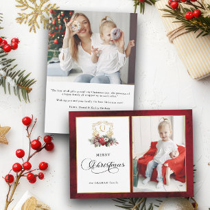 Classic Christmas Floral Crest Photo Holiday Card