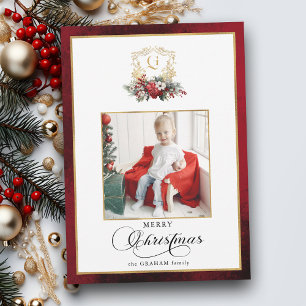 Classic Christmas Floral Crest Photo Holiday Card