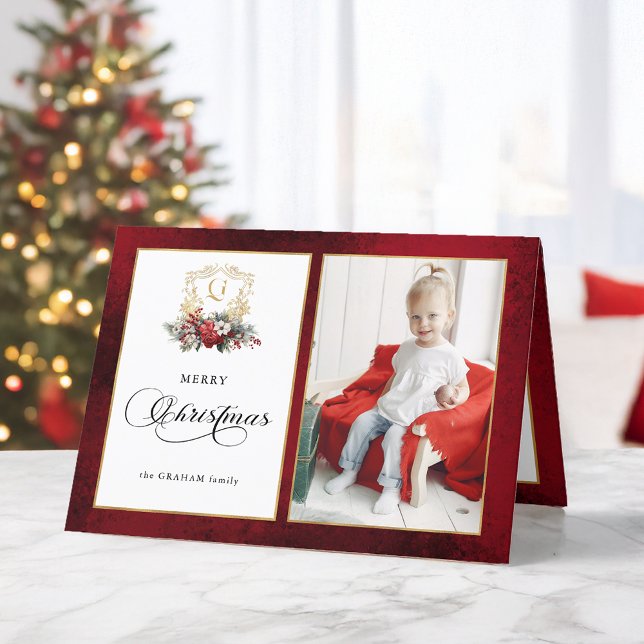 Classic Christmas Floral Crest Photo Holiday Card (Creator Uploaded)