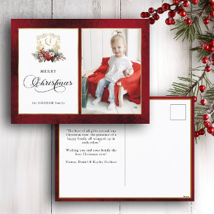 Classic Christmas Floral Crest Photo Holiday Postcard
