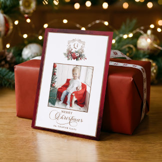 Classic Christmas Floral Crest Photo Letterpress Photo Cards