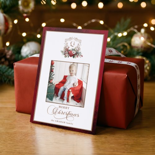 Classic Christmas Floral Crest Photo Letterpress Photo Cards
