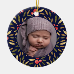 Classic Christmas Floral Frame Babys 1st Christmas Ceramic Ornament