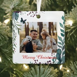 Classic Christmas Floral Frame Photo  Metal Ornament