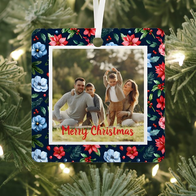 Classic Christmas Floral Frame Photo  Metal Ornament (Creator Uploaded)