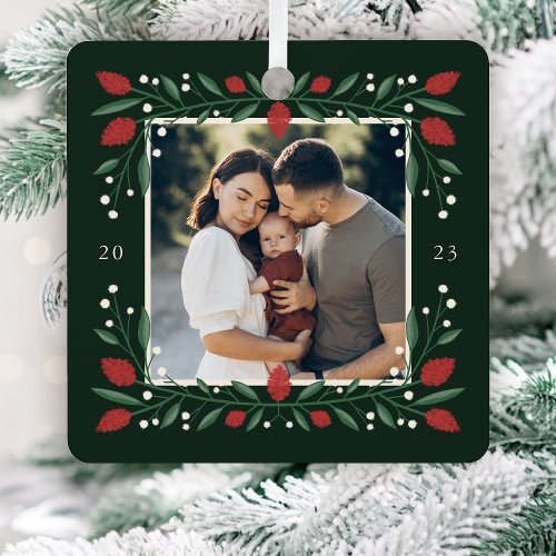 Classic Christmas Floral Frame Photo Metal Ornament