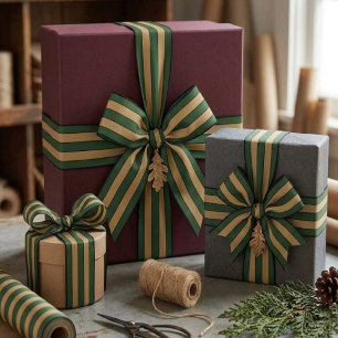 Classic Christmas Green And Gold Stripes Satin Ribbon