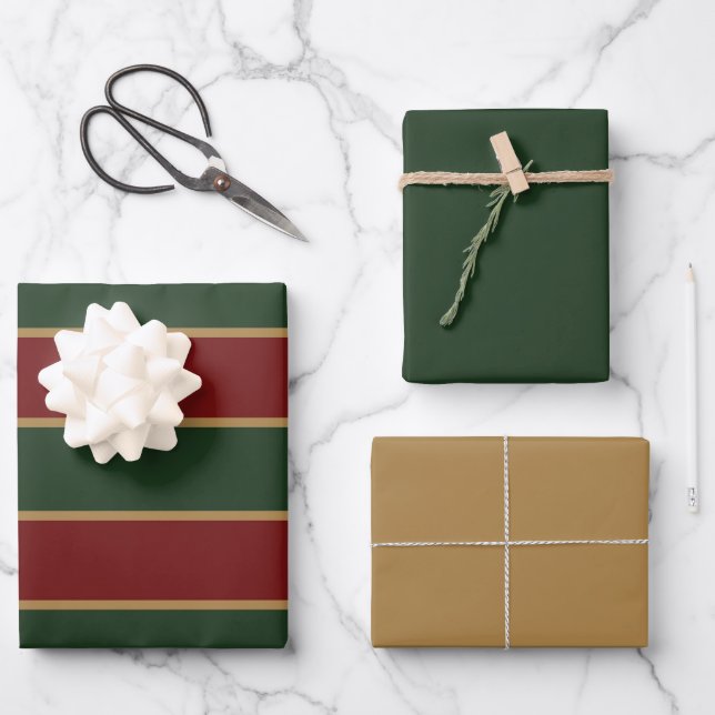 Classic Christmas Green And Red With Gold Trim Wrapping Paper Sheets (Front)