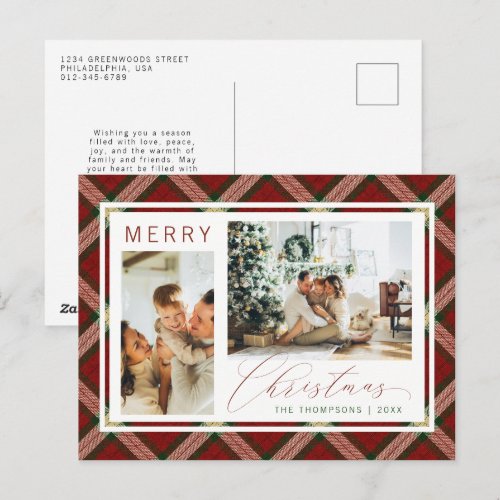 Classic Christmas Green Gingham Plaid Two Photo Holiday Postcard