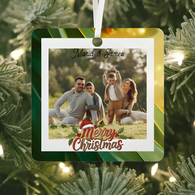  Classic Christmas Green & Gold Frame Photo Metal Ornament (Creator Uploaded)