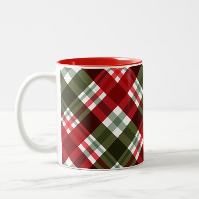 Classic Christmas Green, Red White Plaid  Two-Tone Coffee Mug (Left)
