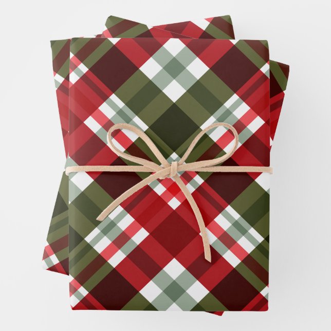 Classic Christmas Green, Red White Plaid  Wrapping Paper Sheets (In situ)