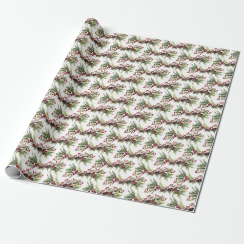 Classic Christmas greenery and holly berries  Wrapping Paper