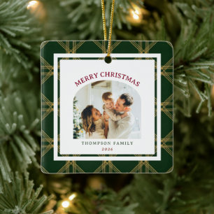 Classic Christmas Heritage Green Plaid Photo Ceramic Ornament