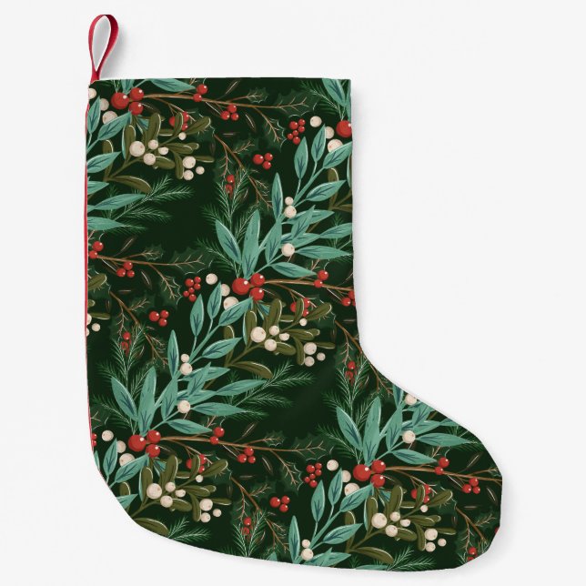 Classic Christmas Holiday Botanical Green Berry Small Christmas Stocking (Front)