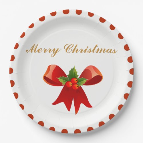 Classic Christmas Holly Berry Bow Gold Red Dot Paper Plates