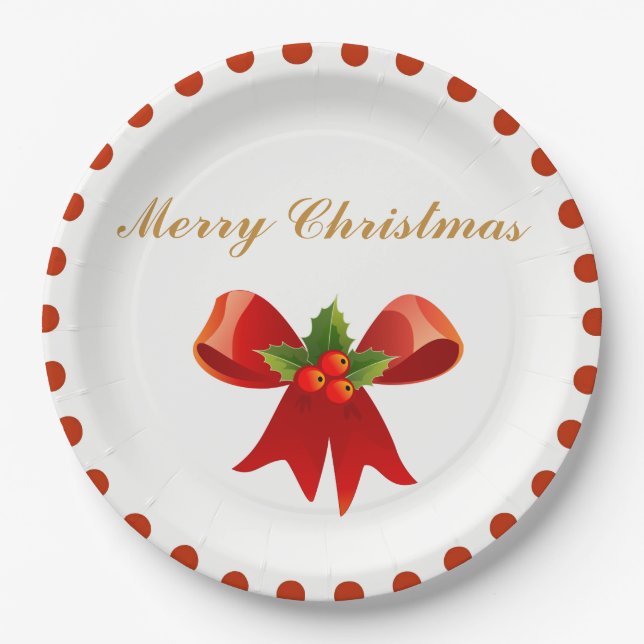 Classic Christmas Holly Berry Bow Gold Red Dot Paper Plates (Front)
