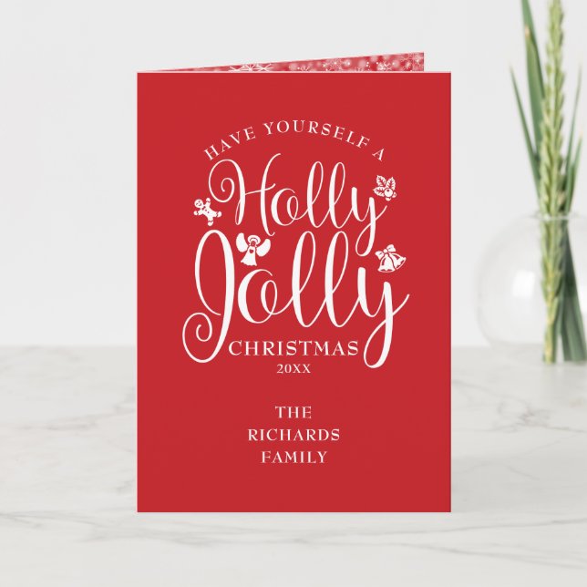 Classic Christmas Holly Jolly Script Snowflakes Holiday Card (Front)