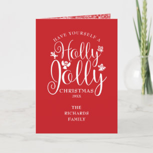 Classic Christmas Holly Jolly Script Snowflakes Holiday Card