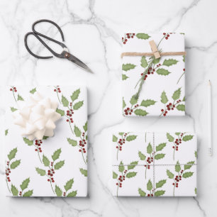 Classic Christmas Holly with Berries Wrapping Paper Sheets