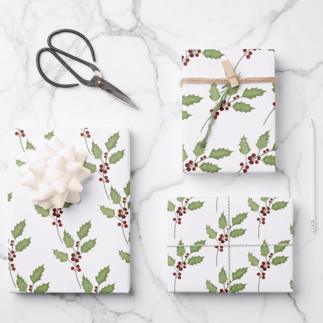 Classic Christmas Holly with Berries Wrapping Paper Sheets (Front)