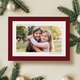 Classic Christmas houndstooth frame one photo red Holiday Card