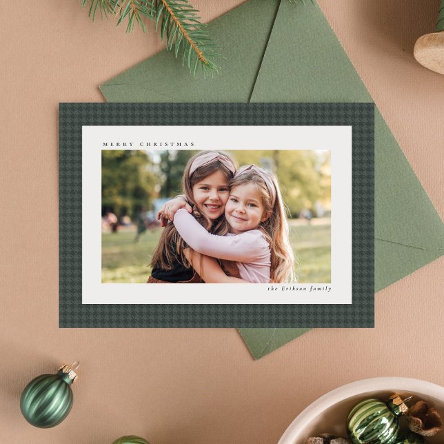 Classic Christmas houndstooth one photo green Holiday Card (Creator Uploaded)