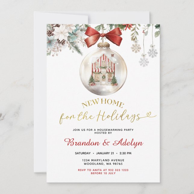 Classic Christmas House Winter Floral Housewarming Invitation (Front)