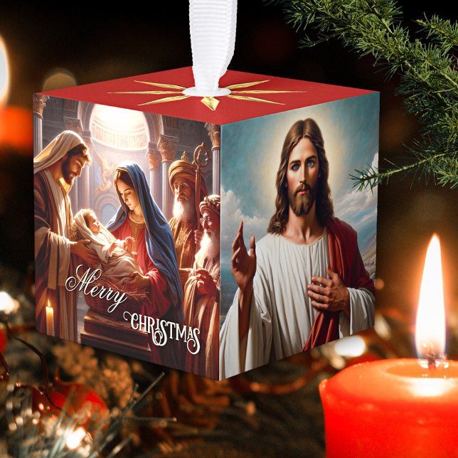Classic Christmas Jesus Mary Angel Cube Ornament (Ornament featuring fine art paintings of Jesus, Mary and an angel on the sides and a golden star)
