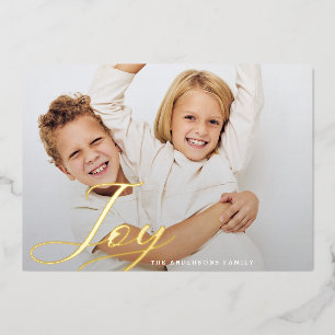 Classic Christmas JOY Hand Lettering Family Photo Foil Holiday Card