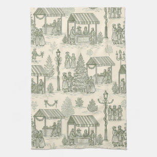 Classic Christmas Market Toile in Green and Cream Kitchen Towel