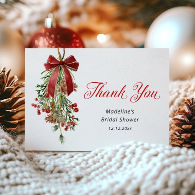 Classic Christmas Mistletoe Bridal Shower Thank You Card (Creator Uploaded)