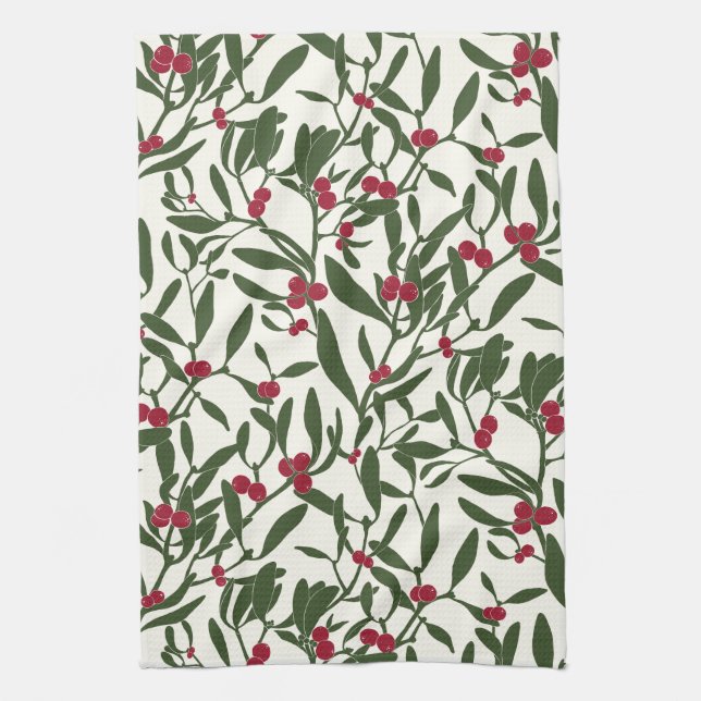 Classic Christmas Mistletoe Red and Green Kitchen Towel (Vertical)