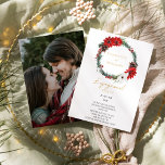 Classic Christmas Modern Photo Engagement Party Invitation<br><div class="desc">This classic Christmas modern photo engagement party invitation features a clean, bright white backdrop with simple, minimalist black and gold lettering and handwritten calligraphy accents. Embellishments of beautiful and classic green and red Christmas wreaths with delicate gold features create a perfect winter holiday aesthetic while maintaining a polished elegance for...</div>
