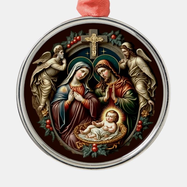 Classic Christmas Nativity Scene Metal Ornament (Front)