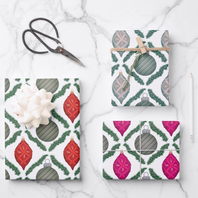 Classic Christmas Ornaments Set Wrapping Paper (Front)