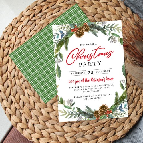 Classic Christmas Party Holly Berries Acorn Invitation