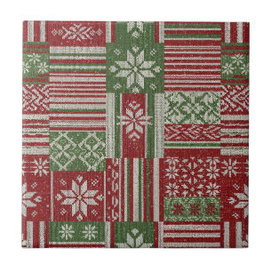 Classic Christmas Patchwork Knit -Red, Green (2) Ceramic Tile